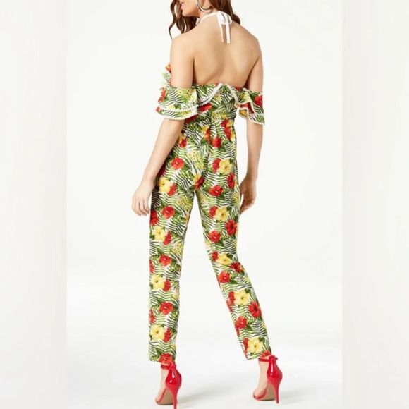 XOXO NEW GREEN YELLOW COLD-SHOULDER HALTER LACE-DOT JUMPSUIT - Picture 2 of 7